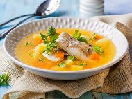 Рибена супа / чорба от лаврак със застройка от прясно мляко и жълтък